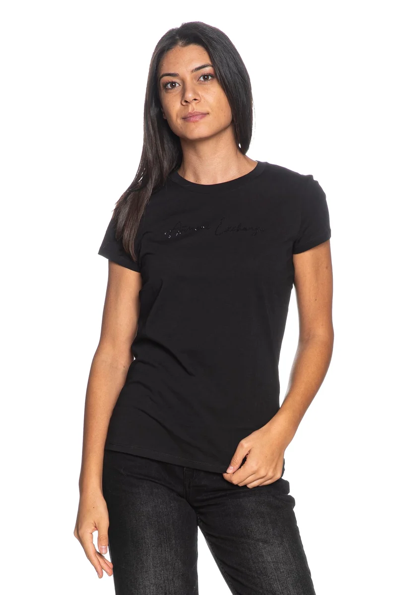 T Shirt Armani Exchange Ss Signed Black Strass Logo Da Donna Nera