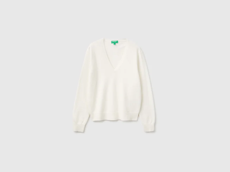 Maglia scollo a V panna in pura lana Merino