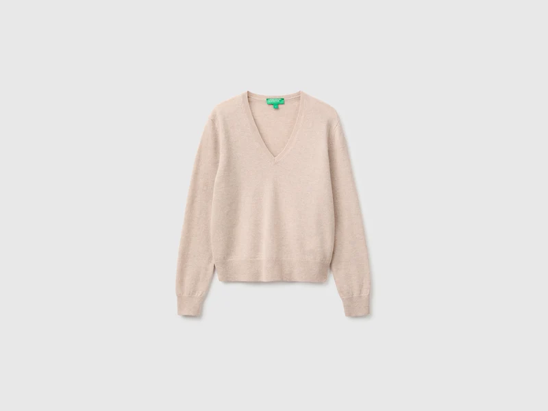 Maglia scollo a V beige in pura lana Merino