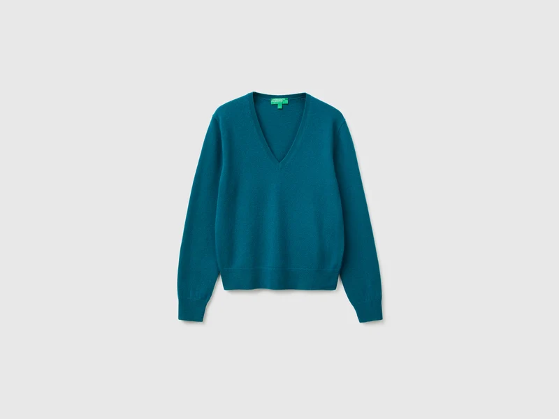 Maglia scollo a V ottanio in pura lana Merino