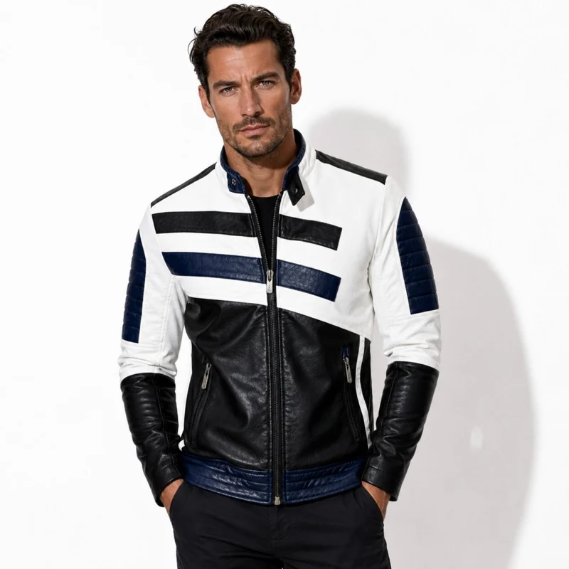 Men's Color Block Leather Moto Jacket