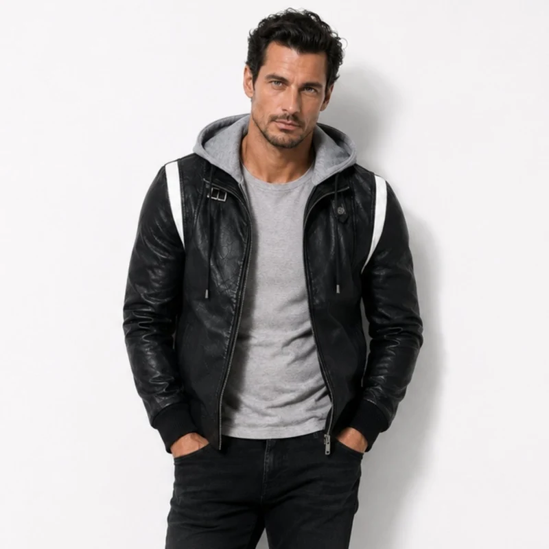 Men's Embroidered Hooded Leather Biker Jacket