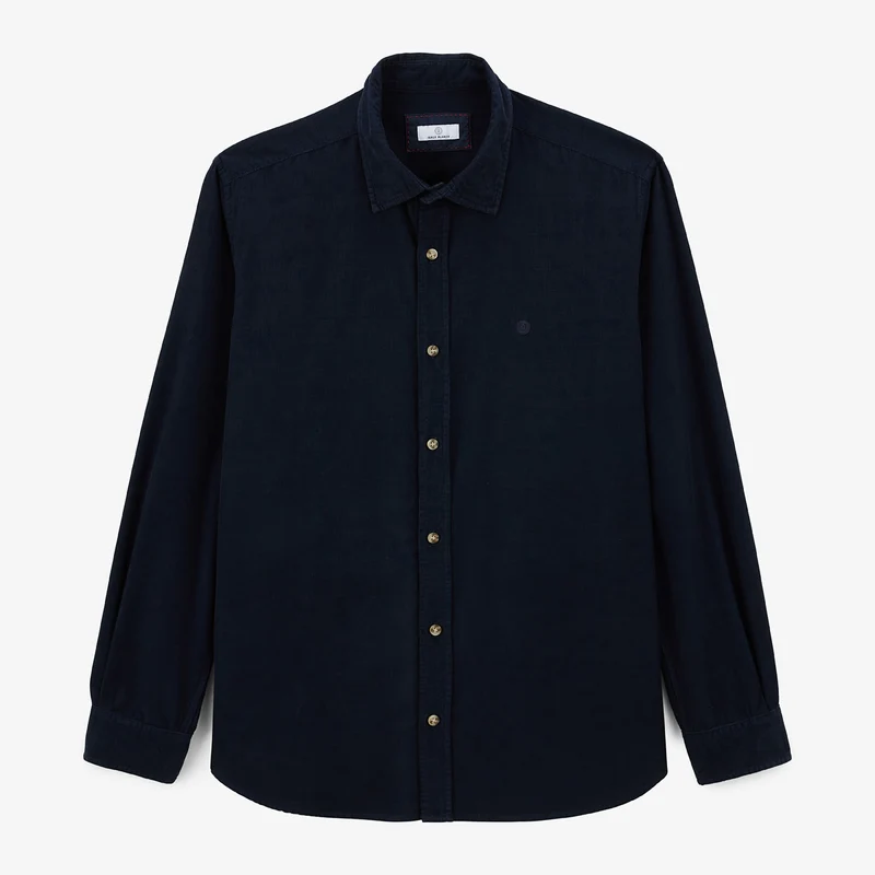 Chemise manches longues en coton velours bleu marine Charles