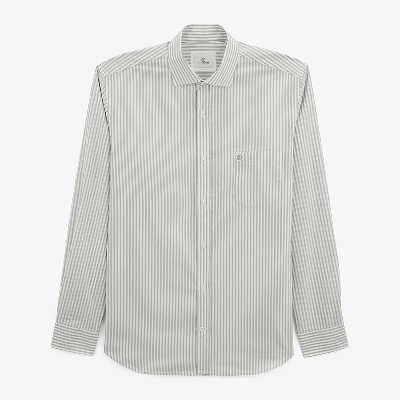 Chemise manches longues en coton à rayures bâton beige mastic
