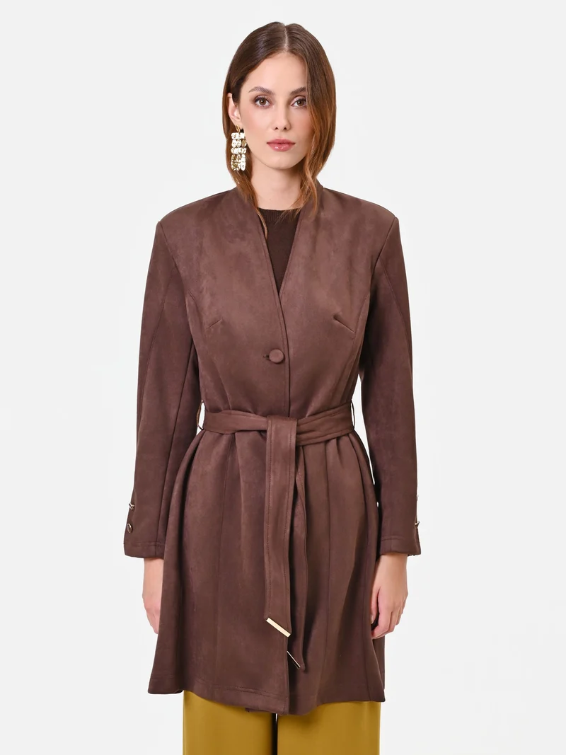 Trench marrone effetto scamosciato con cintura