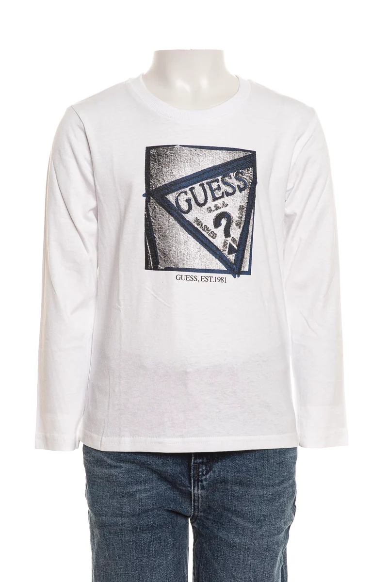 T Shirt Guess Box Denim Print Ls Da Bambino Bianca