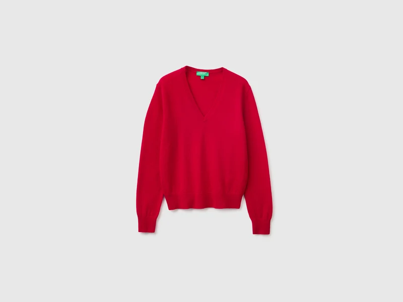 Maglia scollo a V rosso prugna in pura lana Merino
