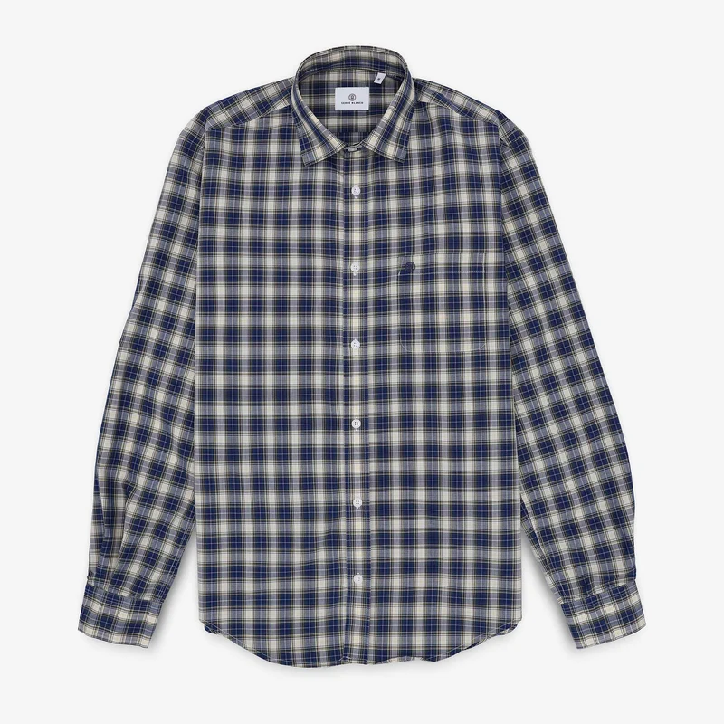 Chemise manches longues en coton bleue et beige à carreaux