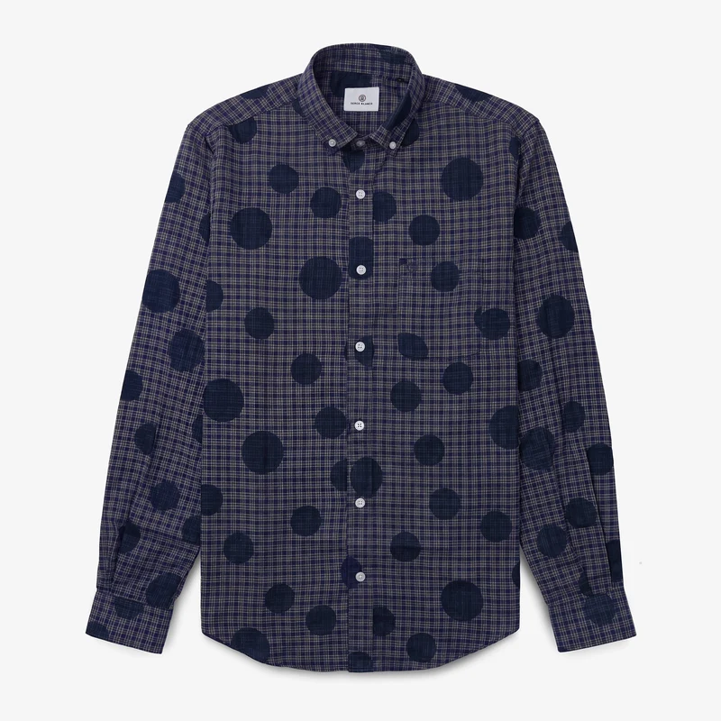 Chemise manches longues à carreaux et pois bleue