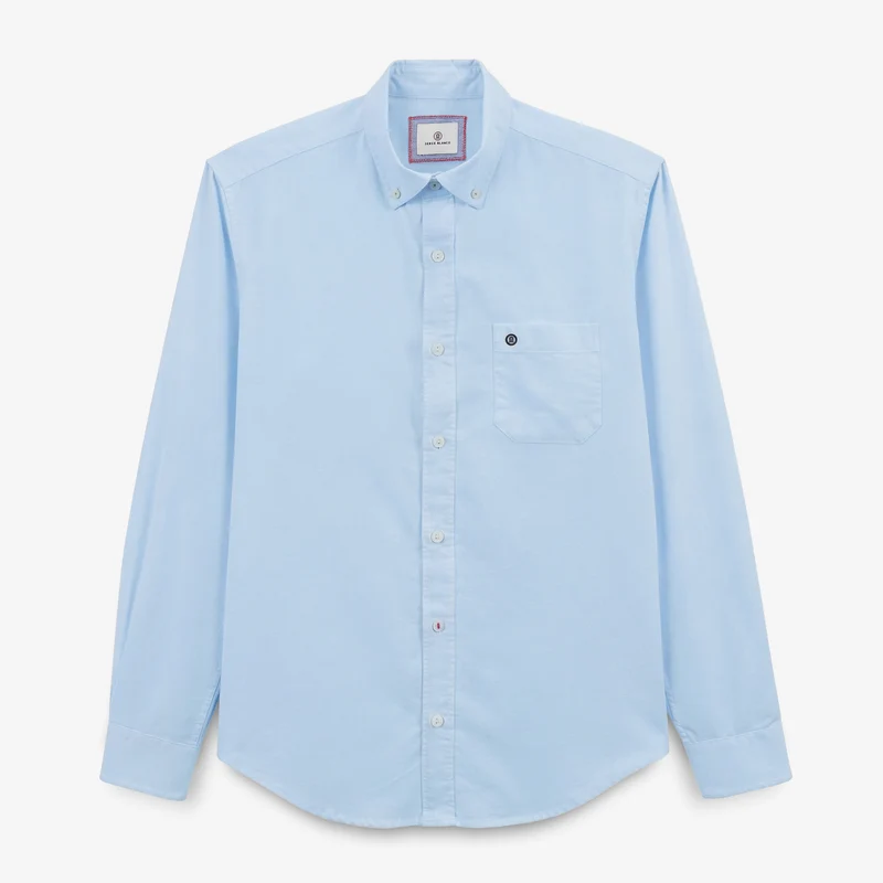 Chemise manches longues en coton oxford bleu ciel avec ganse tricolore