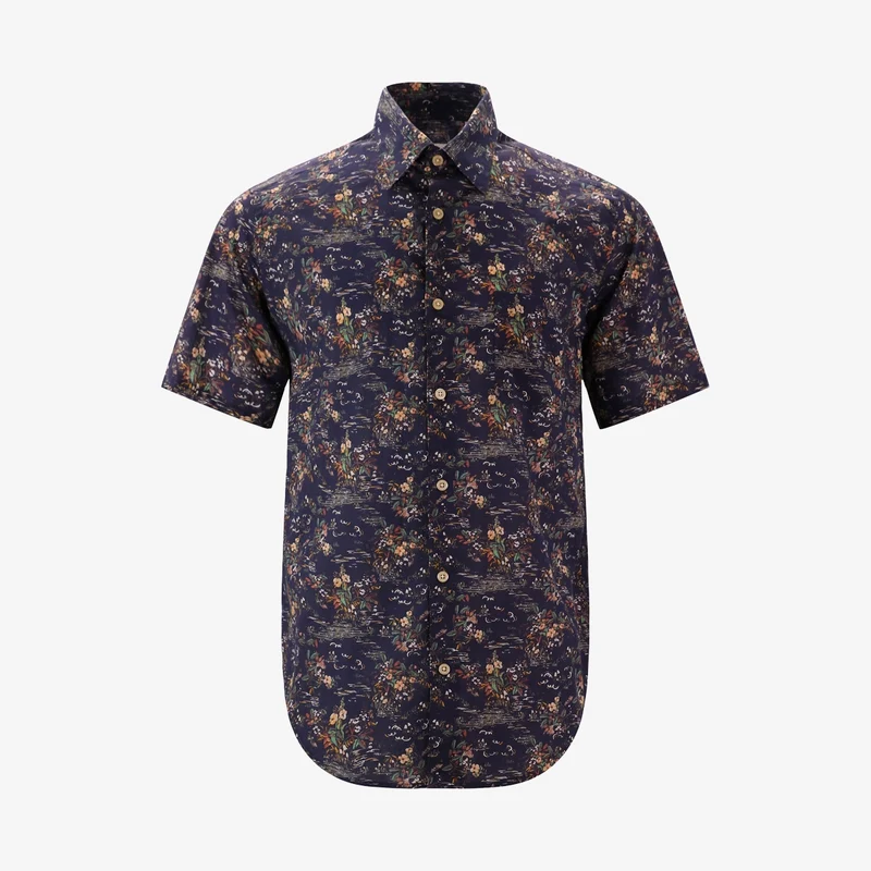 Chemise imprimée manches courtes bleu foncé en coton