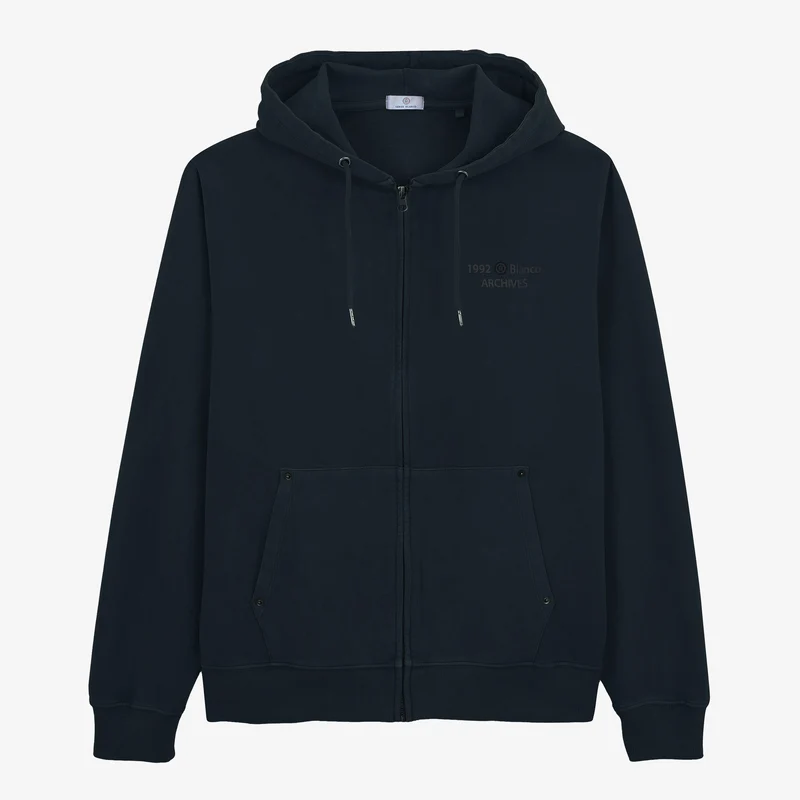 Sweat à capuche zippé teinture old en coton bleu marine