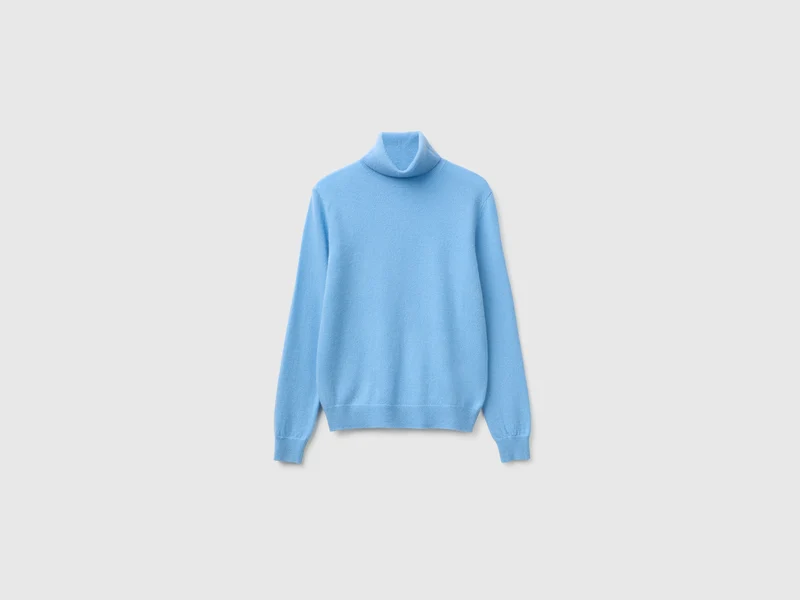 Maglione dolcevita azzurro in pura lana Merino