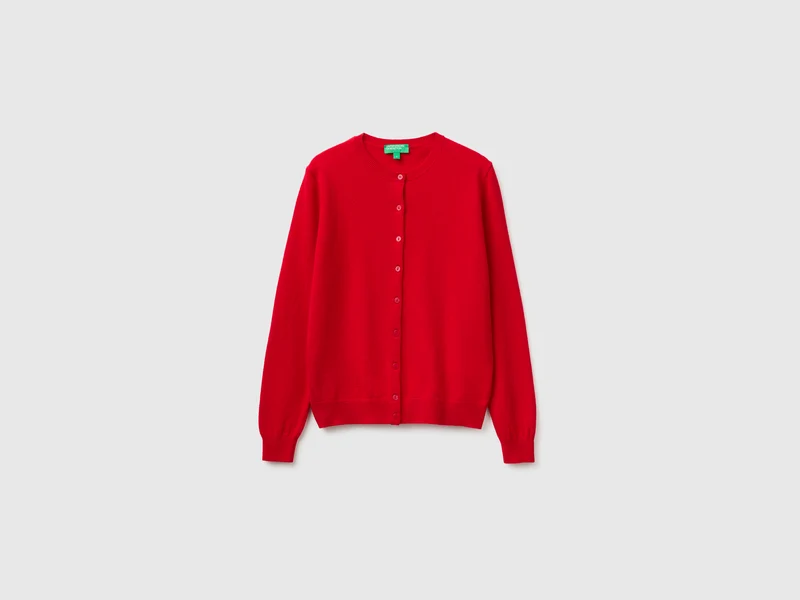 Cardigan girocollo rosso prugna in pura lana Merino