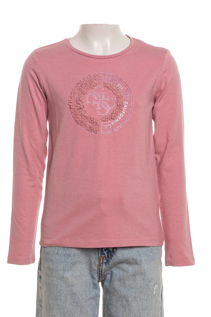 T Shirt Guess Chiffon Rhinestone Logo 4 G Ls Bambina Rosa Antico