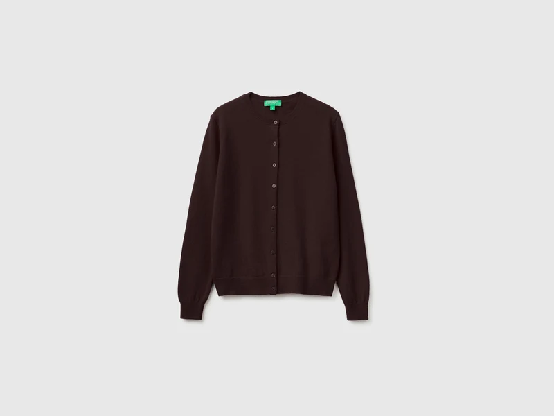Cardigan girocollo cioccolato in pura lana Merino