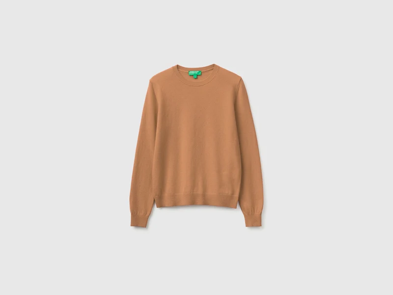 Maglia girocollo cammello in pura lana Merino