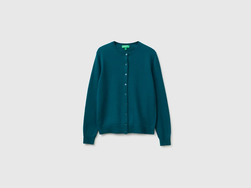 Cardigan girocollo ottanio in pura lana Merino