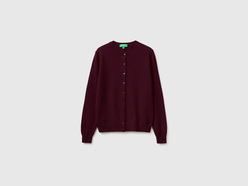 Cardigan girocollo prugna in pura lana Merino