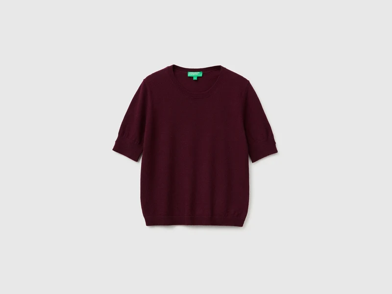 Maglia manica corta prugna in pura lana Merino
