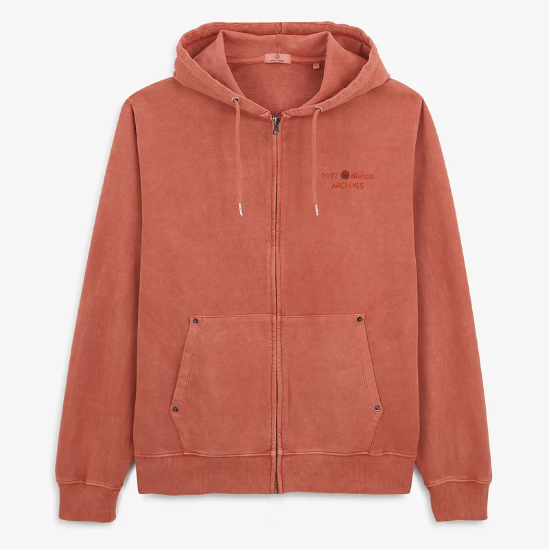 Sweat à capuche zippé teinture old en coton orange rouille