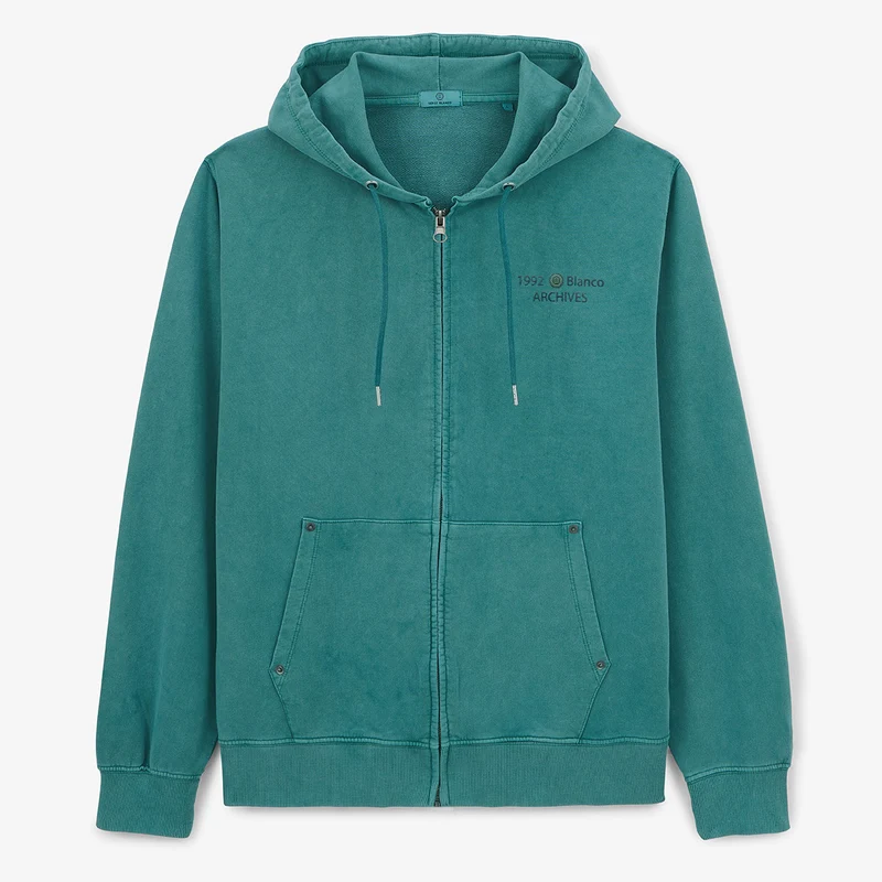 Sweat à capuche zippé teinture old en coton vert menthe