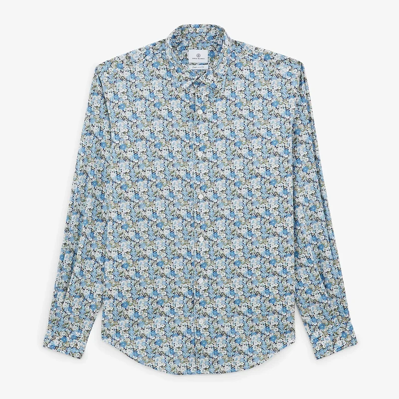 Chemise bleu pacific à manches longues en tissu fleuri