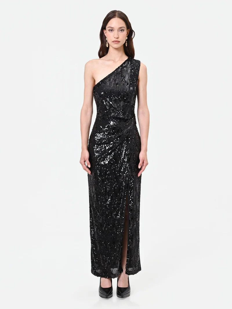Abito lungo nero monospalla con paillettes