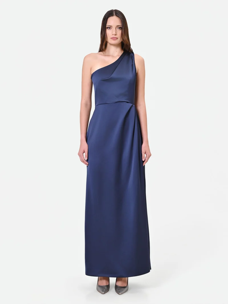 Abito lungo blu navy monospalla con drappeggio