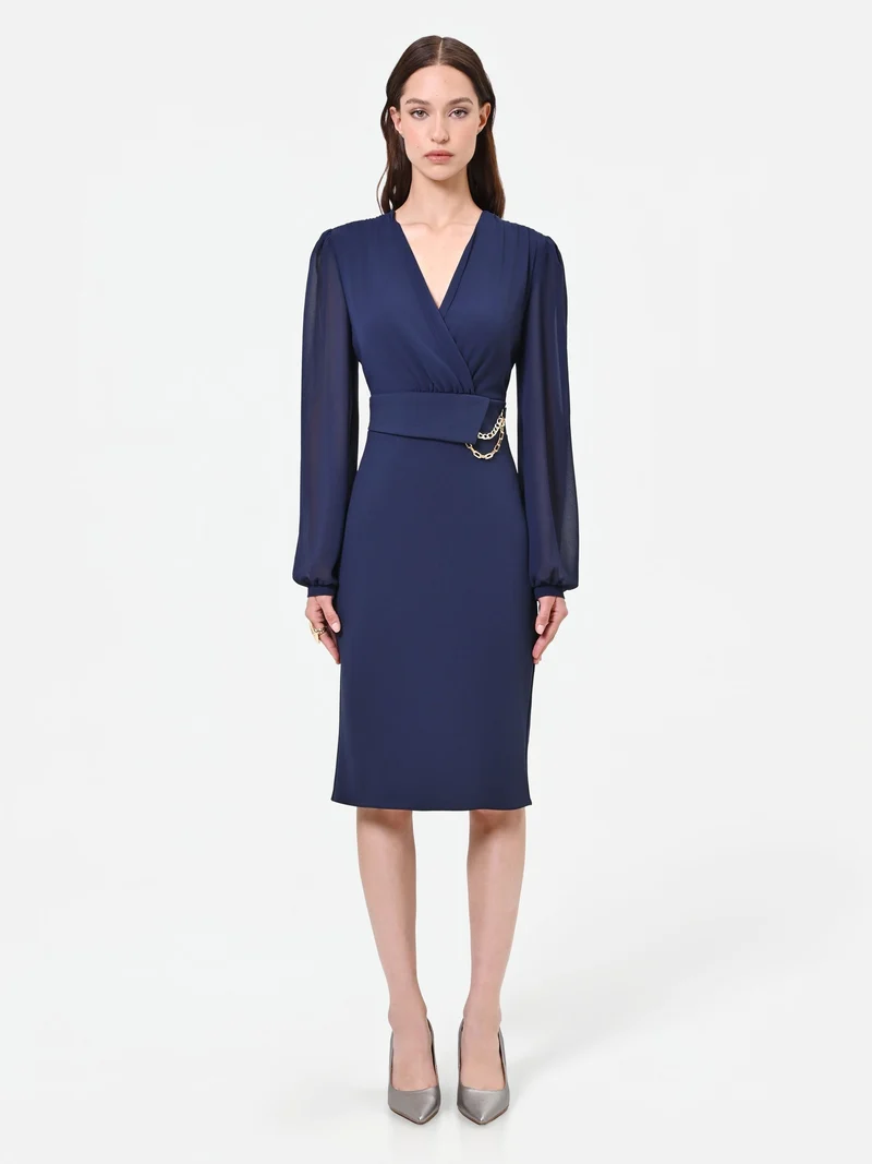 Abito tubino blu navy con maniche velate