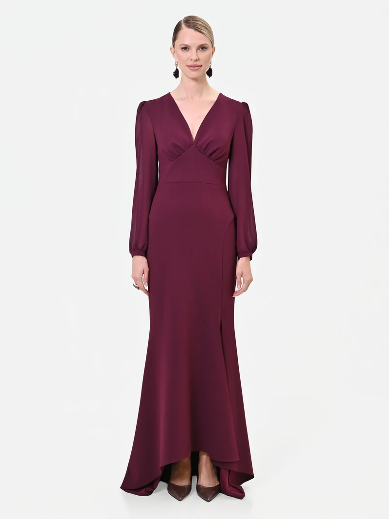 Abito lungo asimmetrico bordeaux rosso