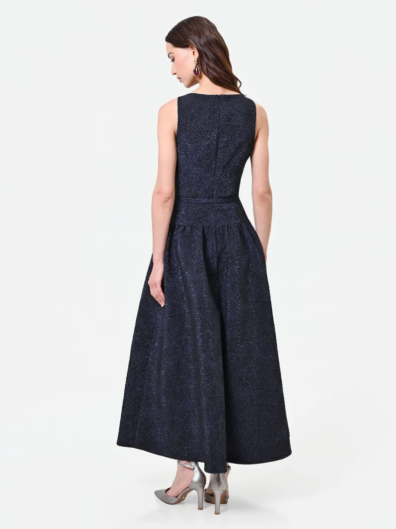 Abito blu navy jacquard con gonna ampia