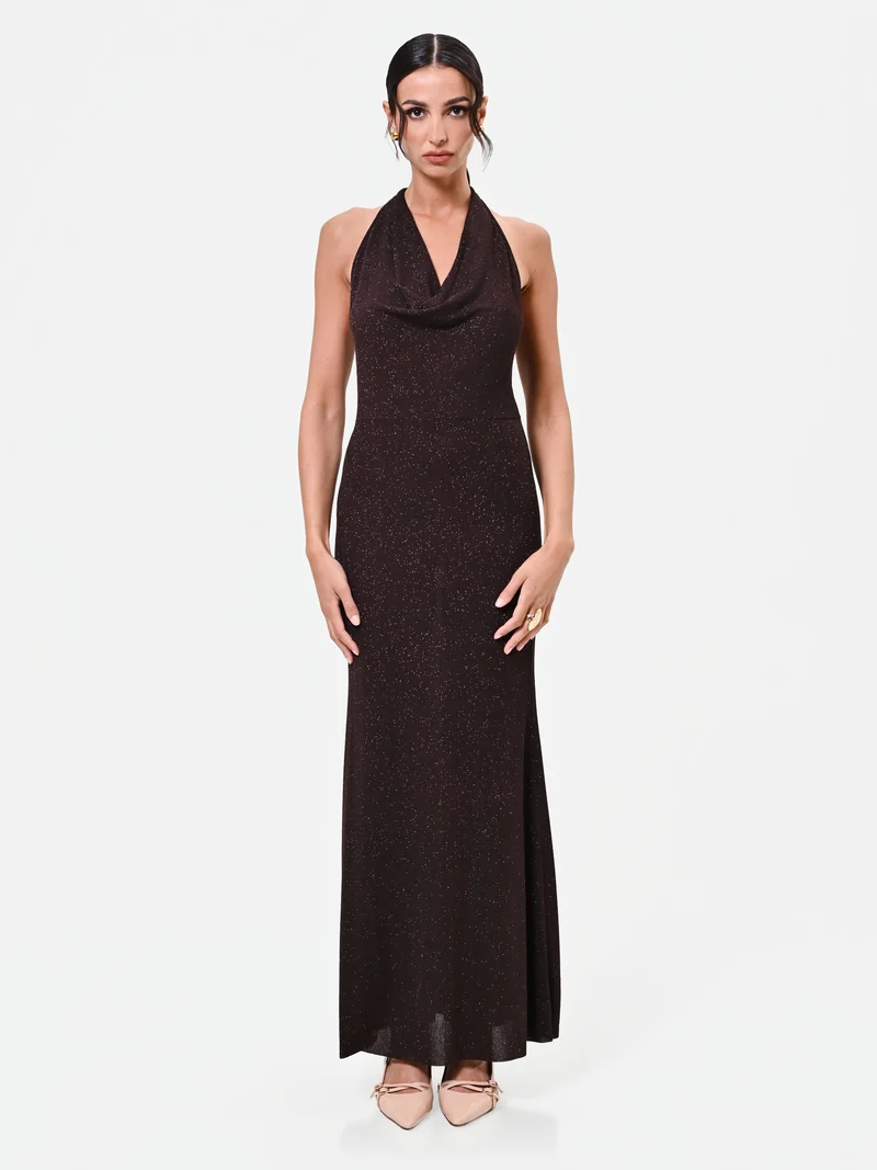 Abito lungo moro marrone con scollo drappeggiato