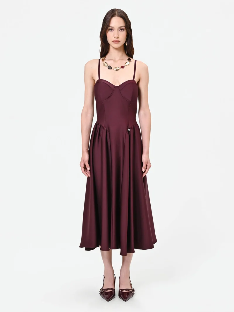 Abito midi bordeaux in raso con dettaglio bustier