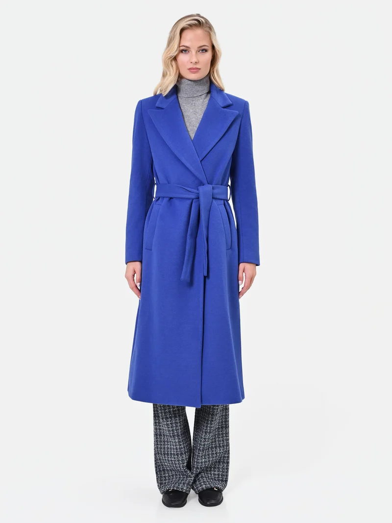 Cappotto a vestaglia blu cina con cintura in velour