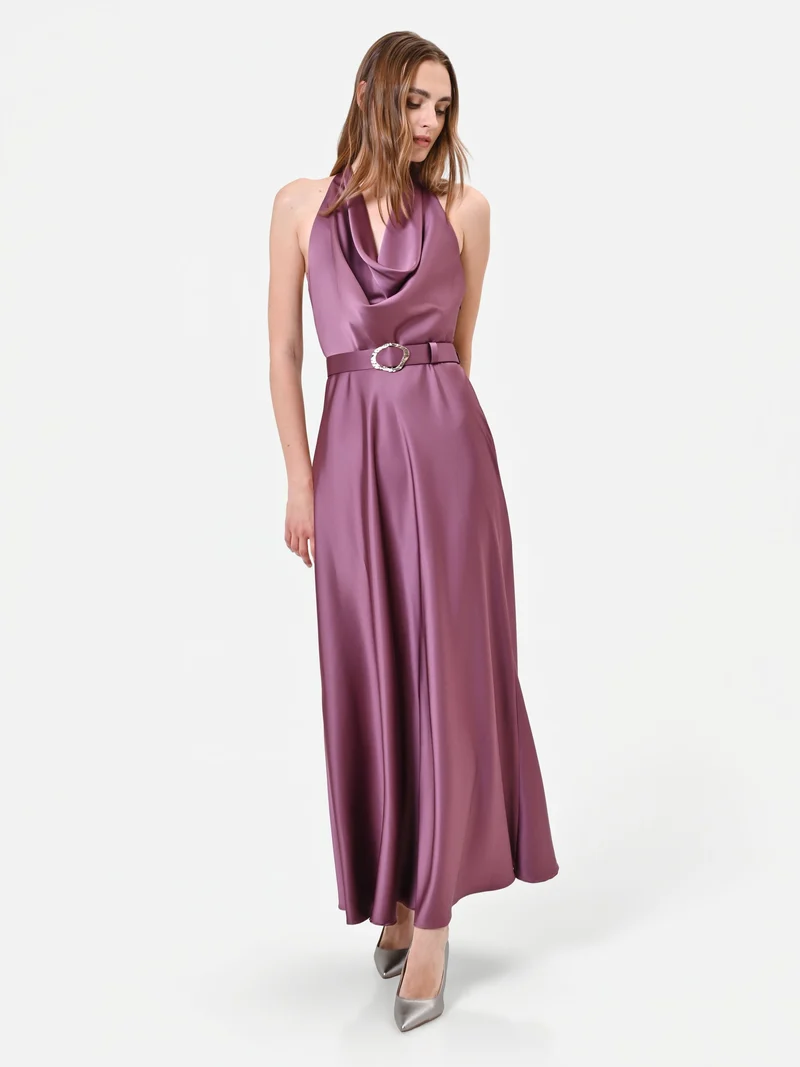 Abito lungo rosa antico con scollo drappeggiato