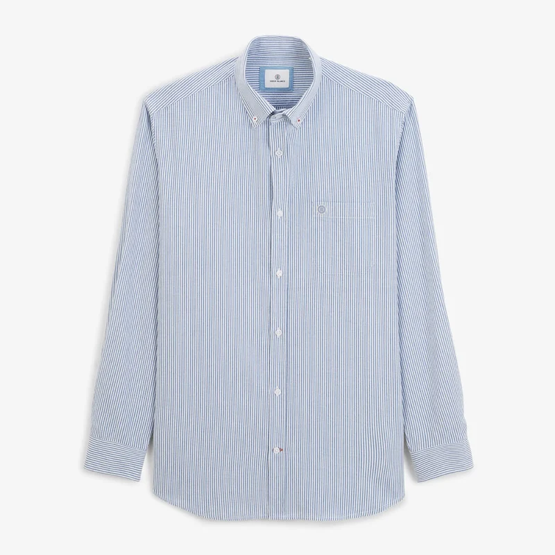 Chemise manches longues coton oxford rayé bleu sashiko