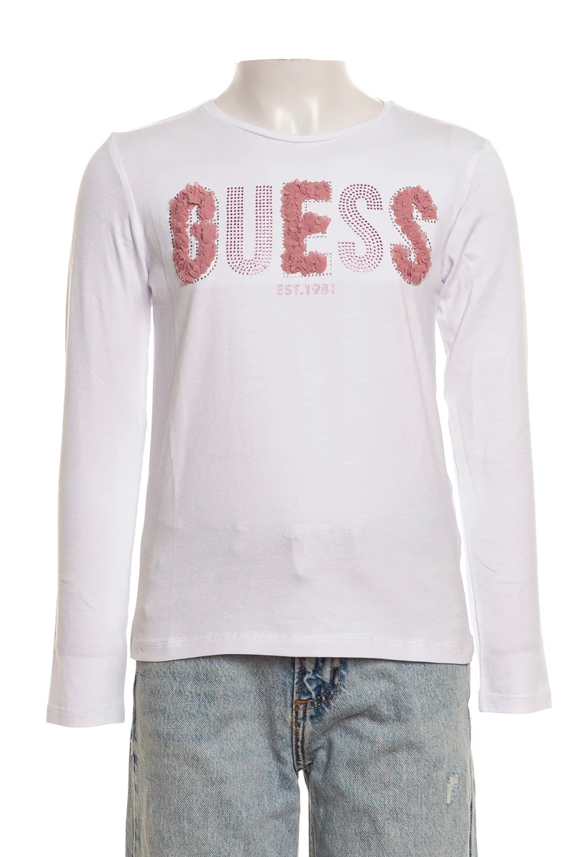 T Shirt Guess Chiffon Rhinestone Logo Letters Ls Da Bambina Bianca