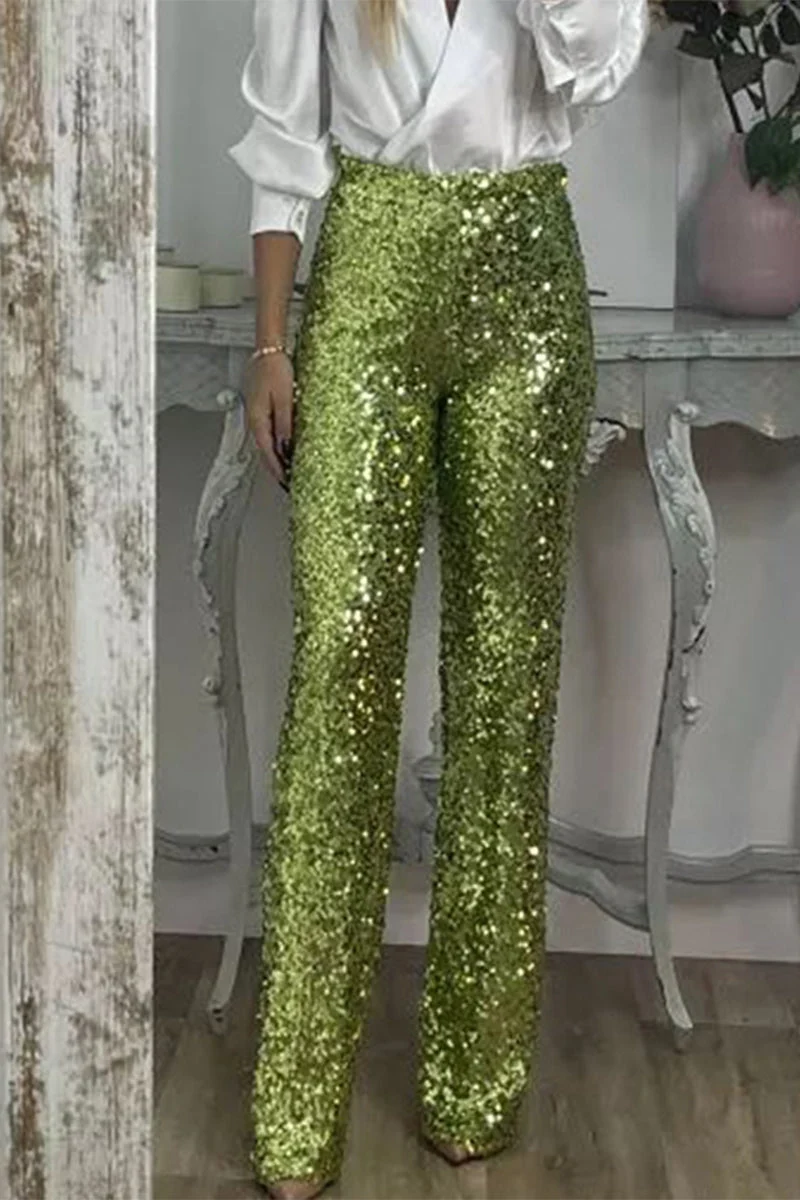 Marinda | Women's Casual Sequined High Waist Pants with Shiny Details