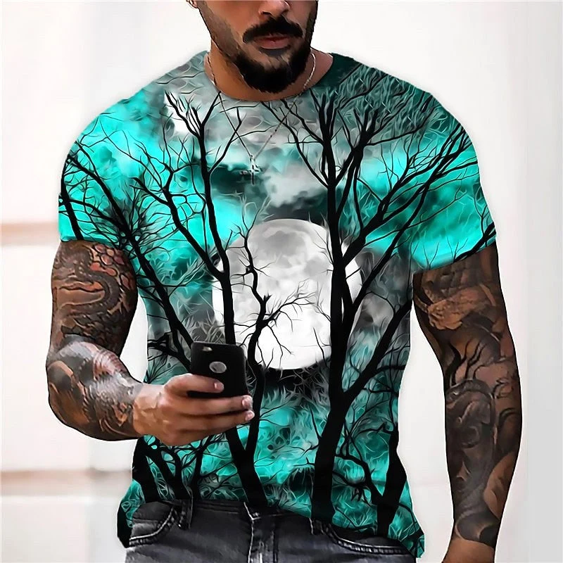 Men's Halloween Moon Graphic Crew Neck T-Shirt, Autumn Seasonal Tee