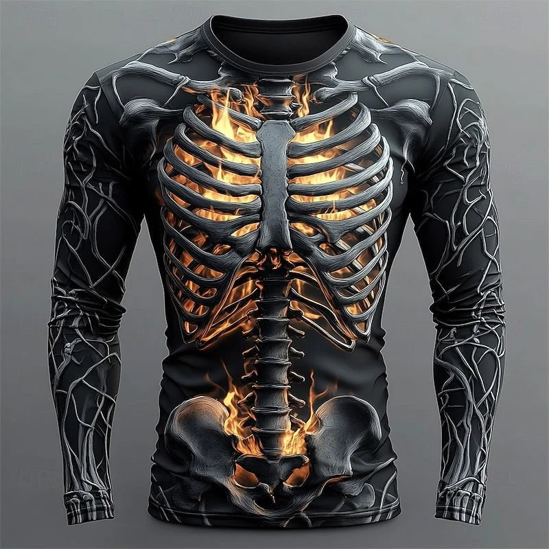 Men's Long-Sleeve Skeleton Flame Shirt | Halloween Graphic Tee