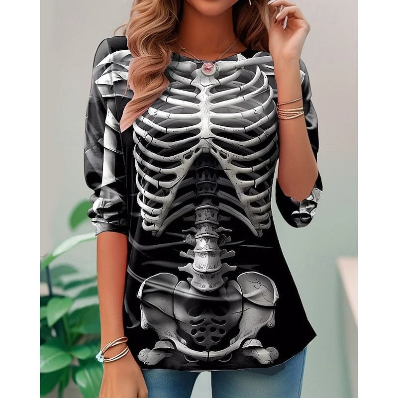 Women's Halloween Skeleton Long-Sleeve Top, Festive Graphic Tee