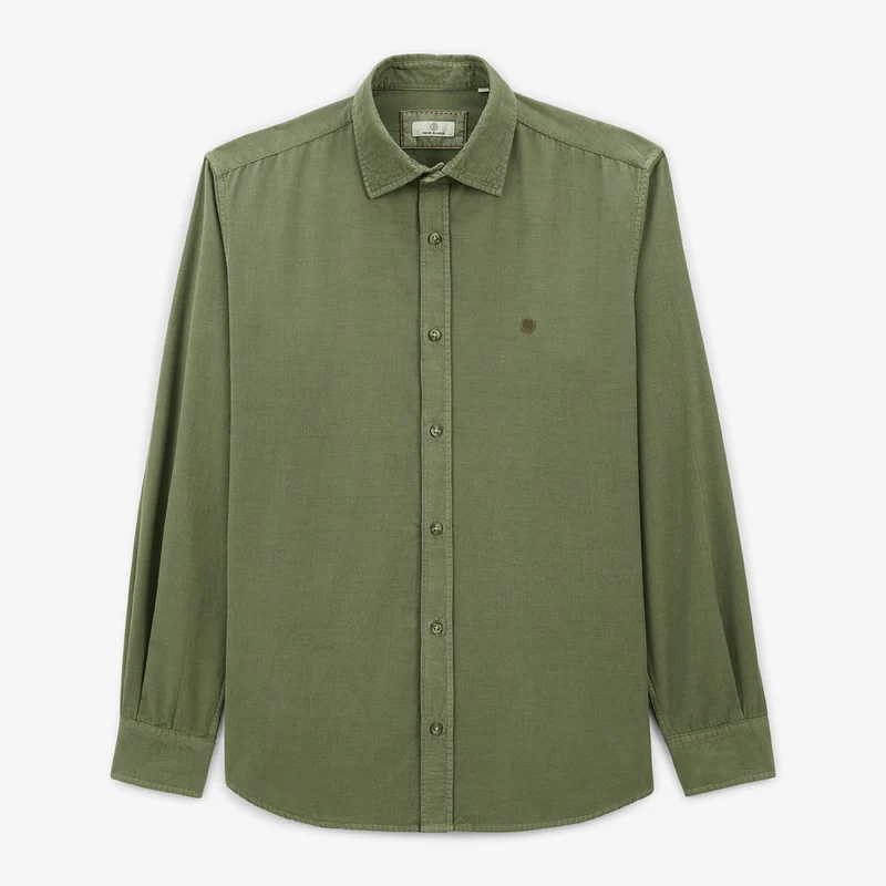Chemise manches longues unie en coton velours vert militaire Charles