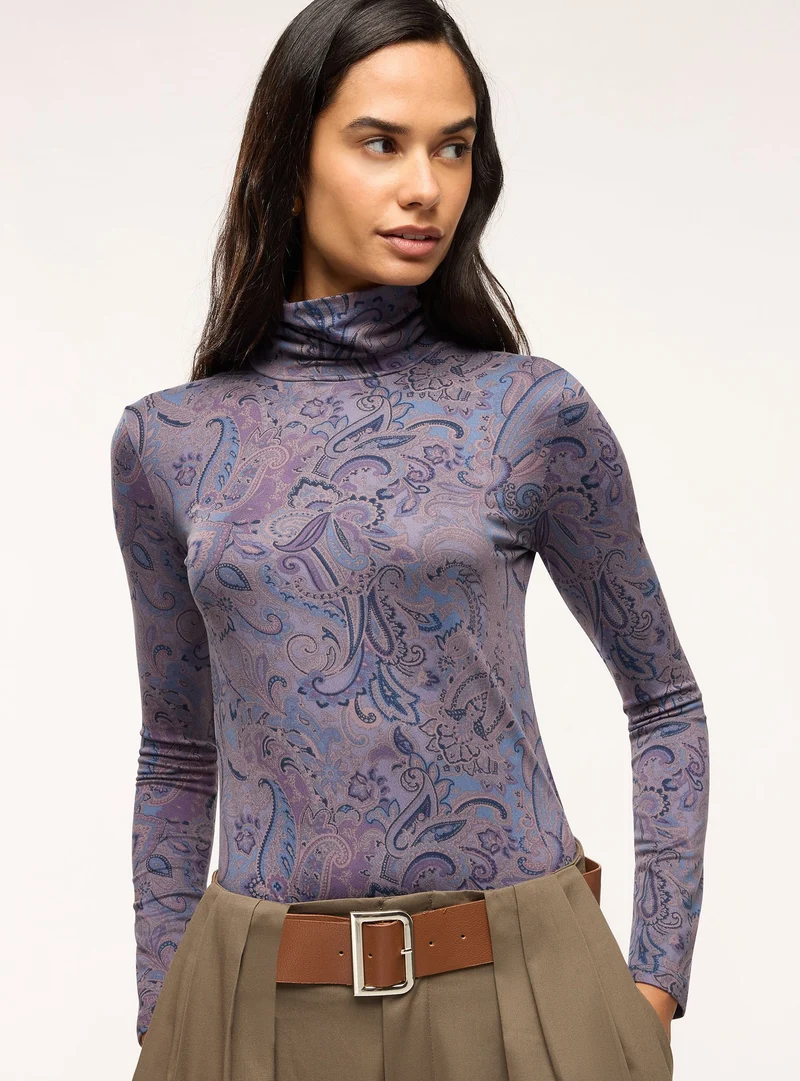 T-shirt a collo alto con stampa paisley