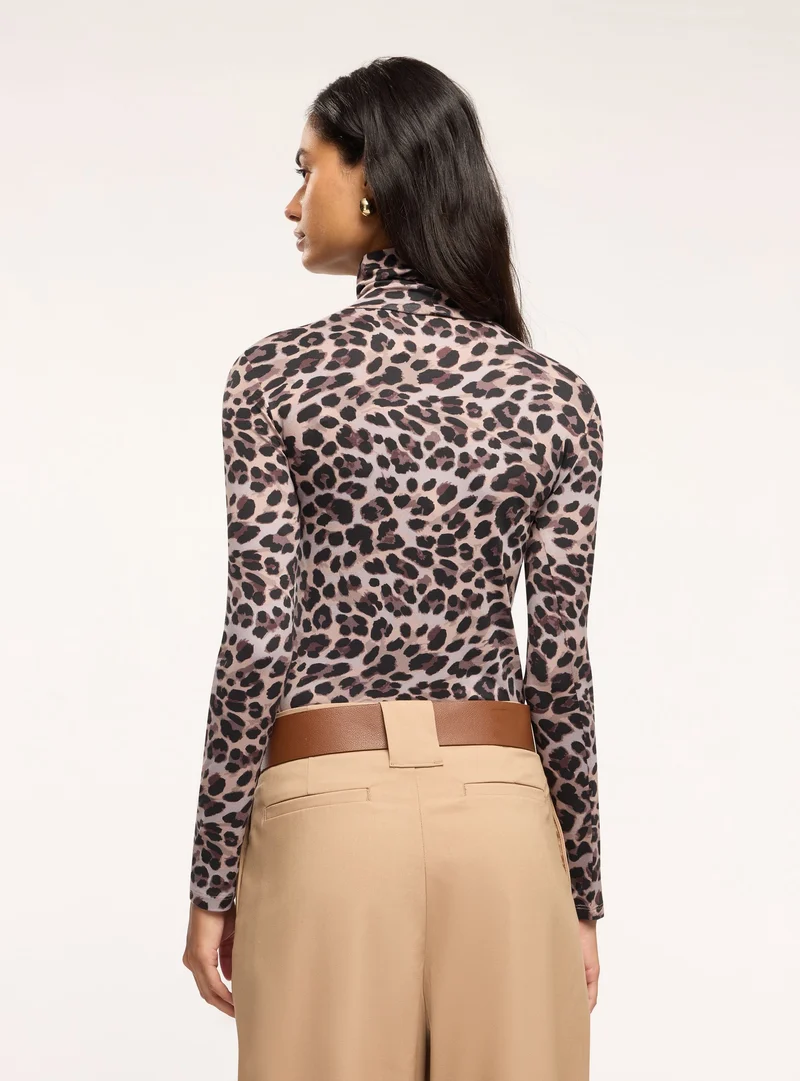 T-shirt manica lunga con stampa animalier e collo alto