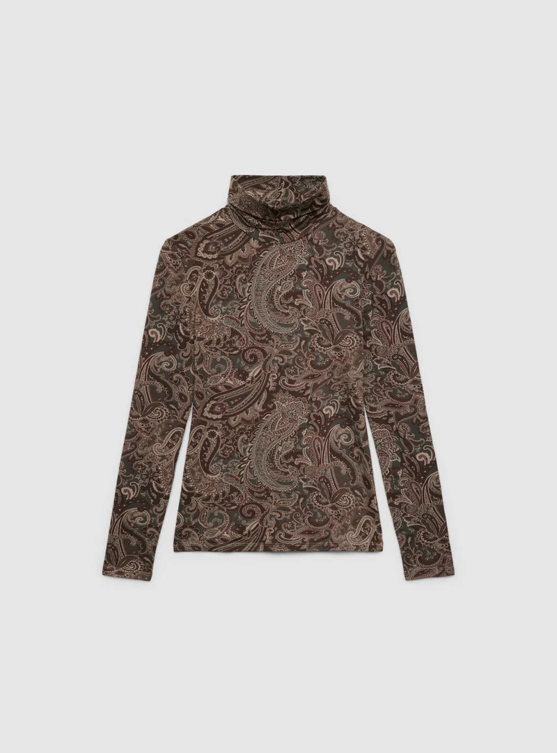 T-shirt a maniche lunghe con stampa paisley e collo alto