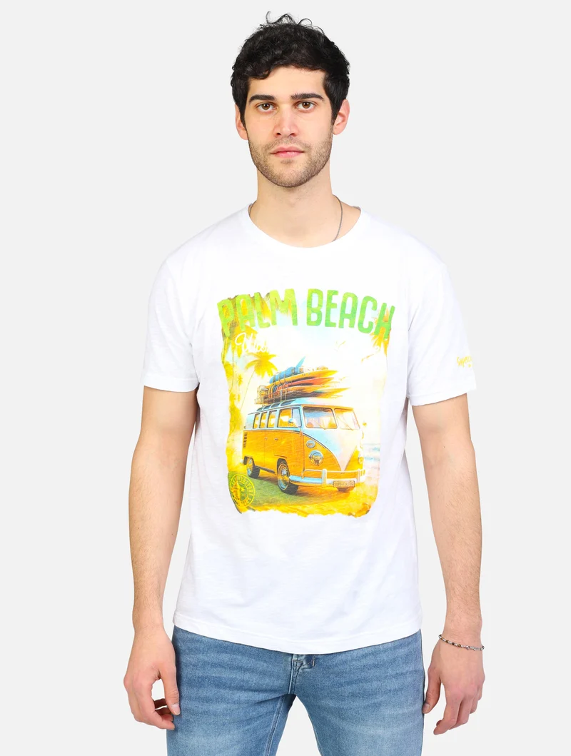 art. a1057: t-shirt girocollo cotone fiammato con stampa palm beach, regular fit