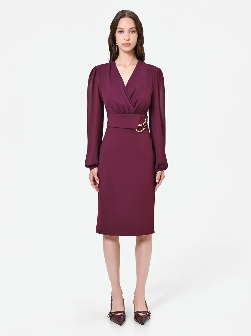 Abito tubino bordeaux con maniche in georgette