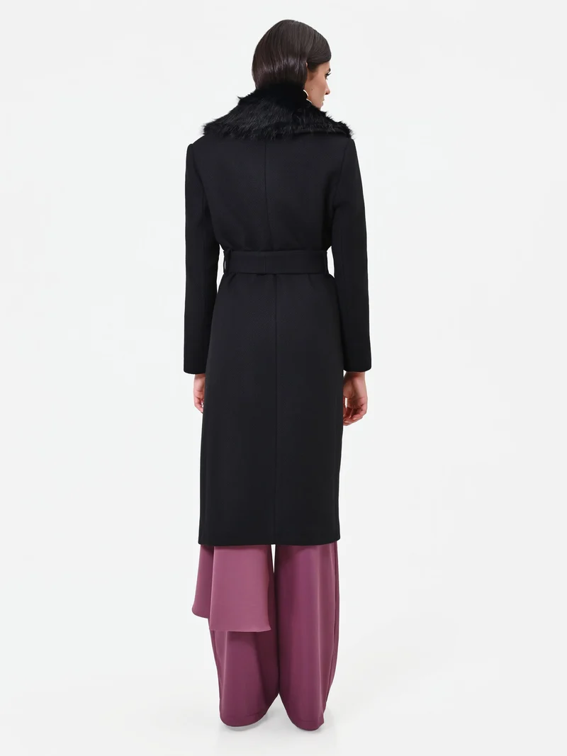 Cappotto midi nero con collo effetto pelliccia misto lana Giorgia Palmas X Rinascimento