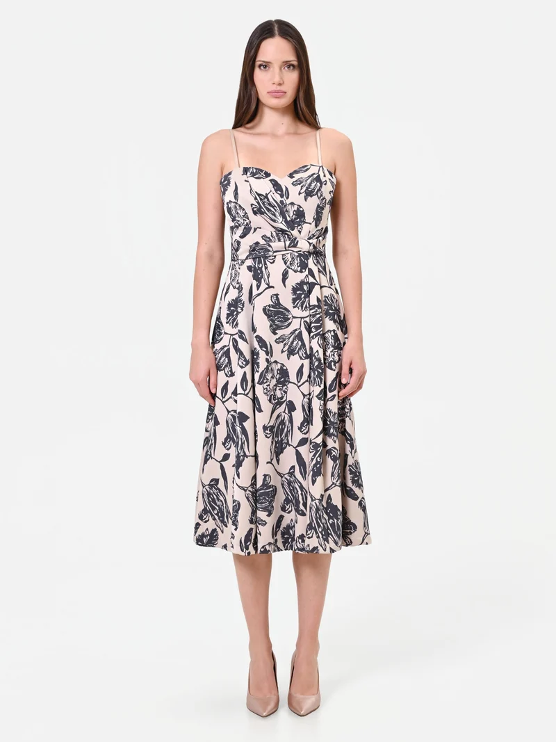Abito midi in jacquard con stampa floreale blu navy